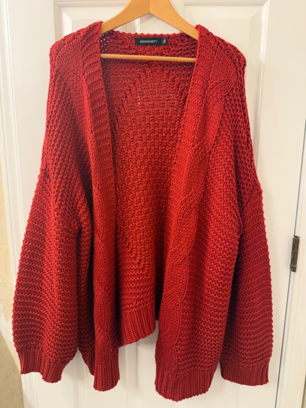Merokeety Deep Red Chunky Open-Front Cardigan